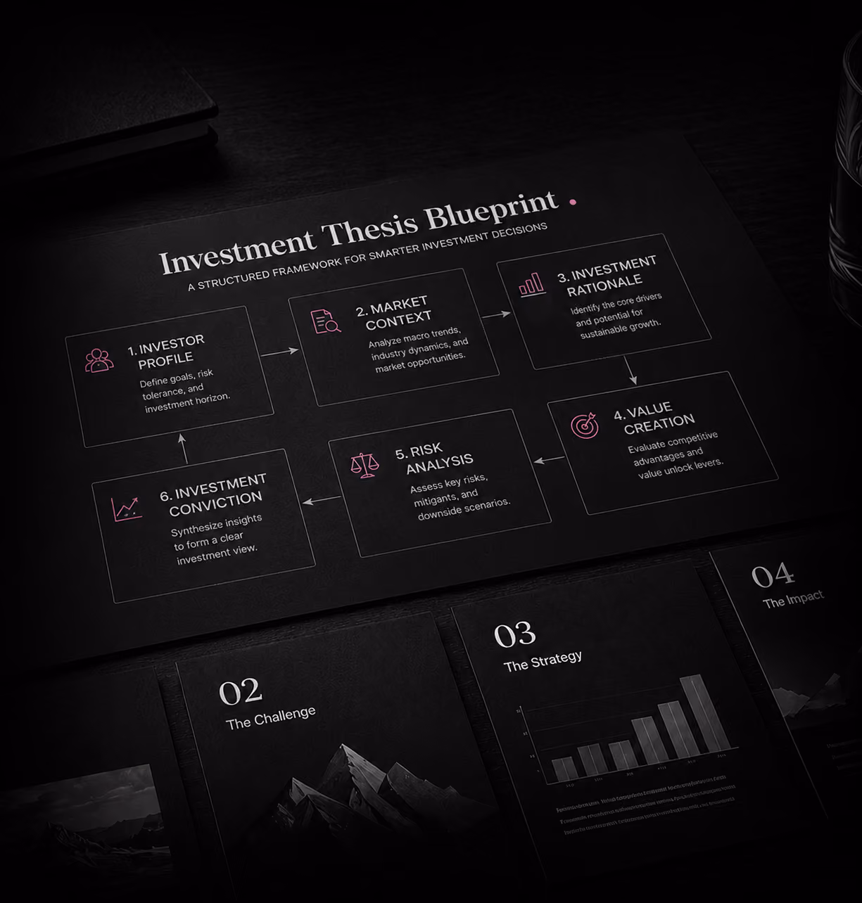 Investment thesis blueprint illustrating structured framework for market analysis, risk assessment, and value