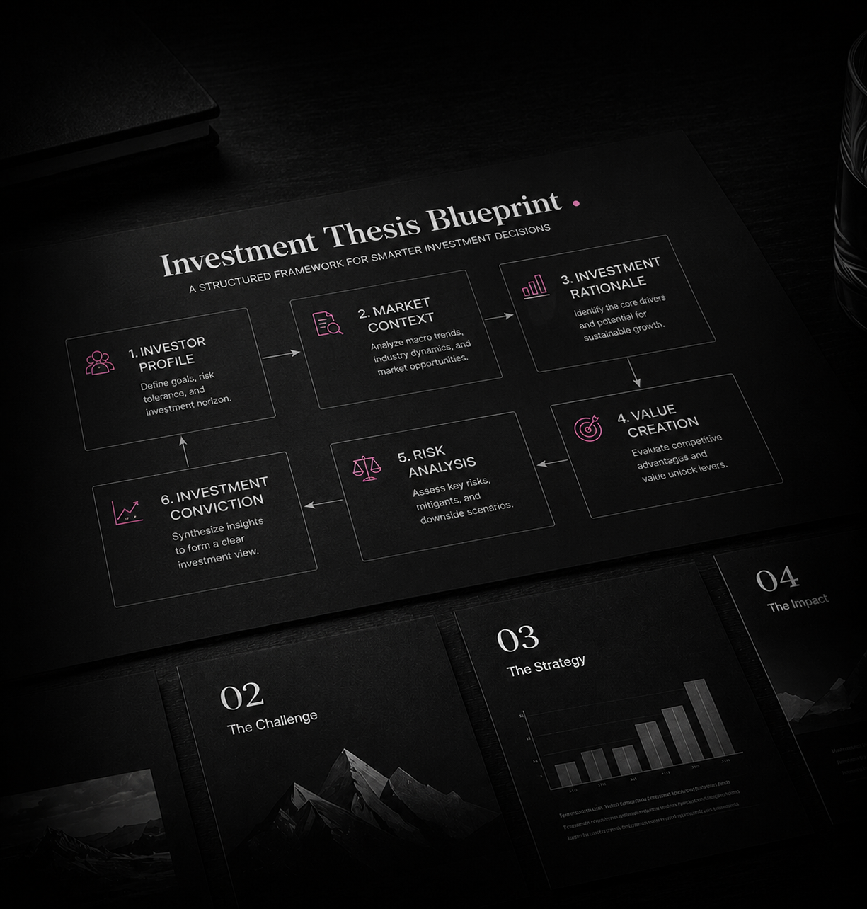 Investment thesis blueprint illustrating structured framework for market analysis, risk assessment, and value
