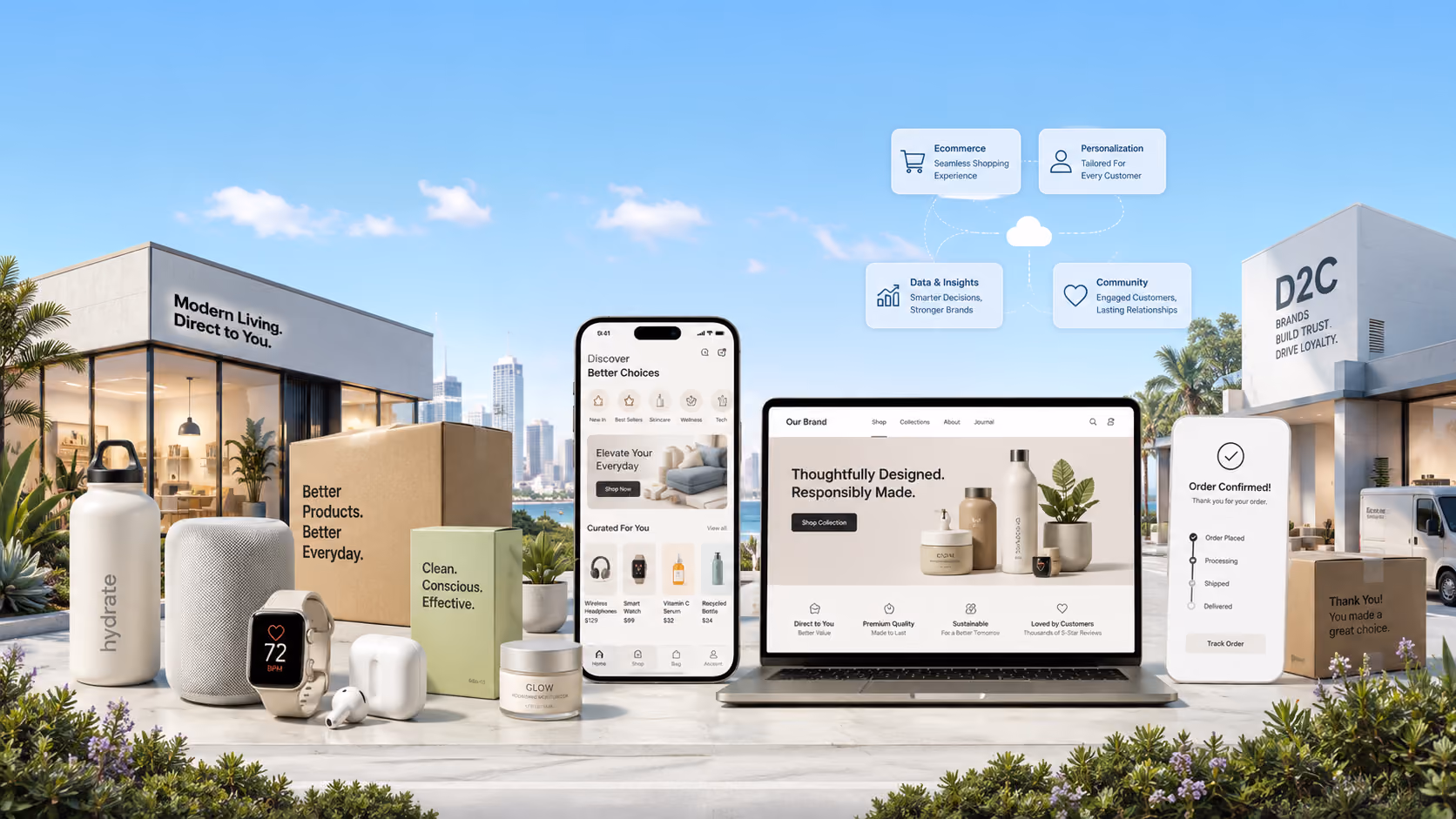 Modern D2C ecommerce ecosystem showcasing products, mobile shopping, website, and seamless customer journey.