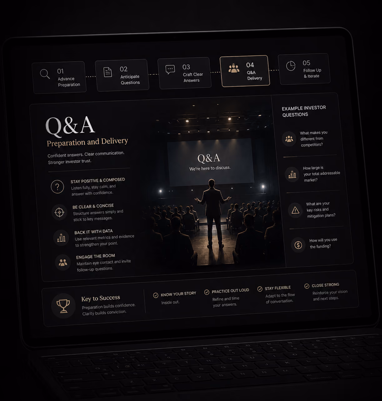 Investor Q&A preparation dashboard guiding confident presentation delivery with structured answers and key mes