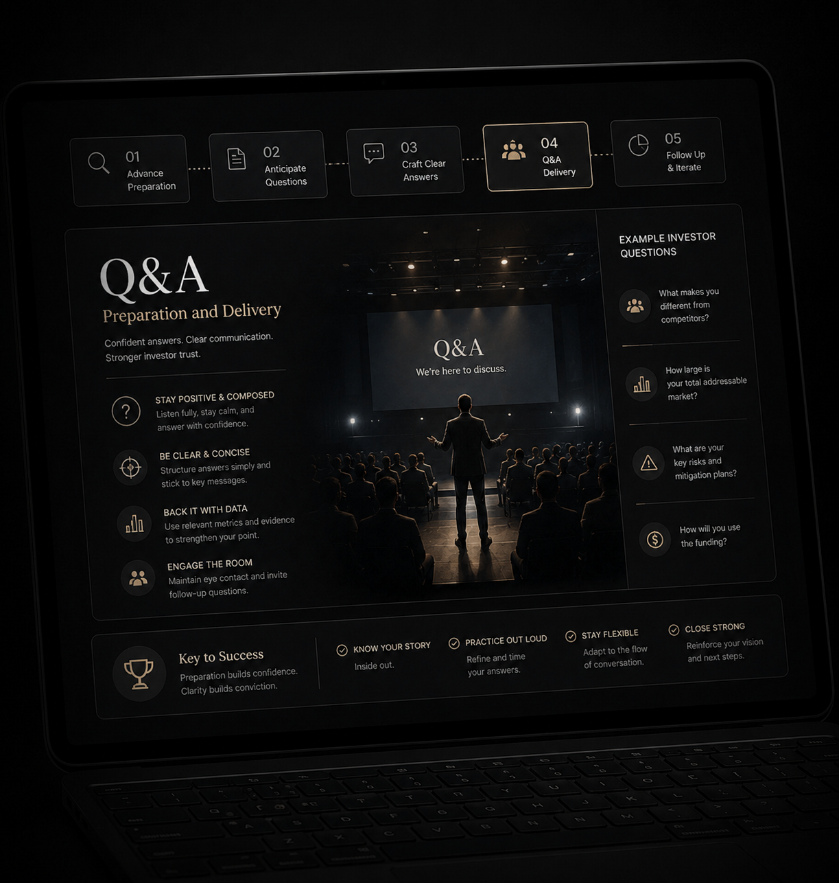 Investor Q&A preparation dashboard guiding confident presentation delivery with structured answers and key mes