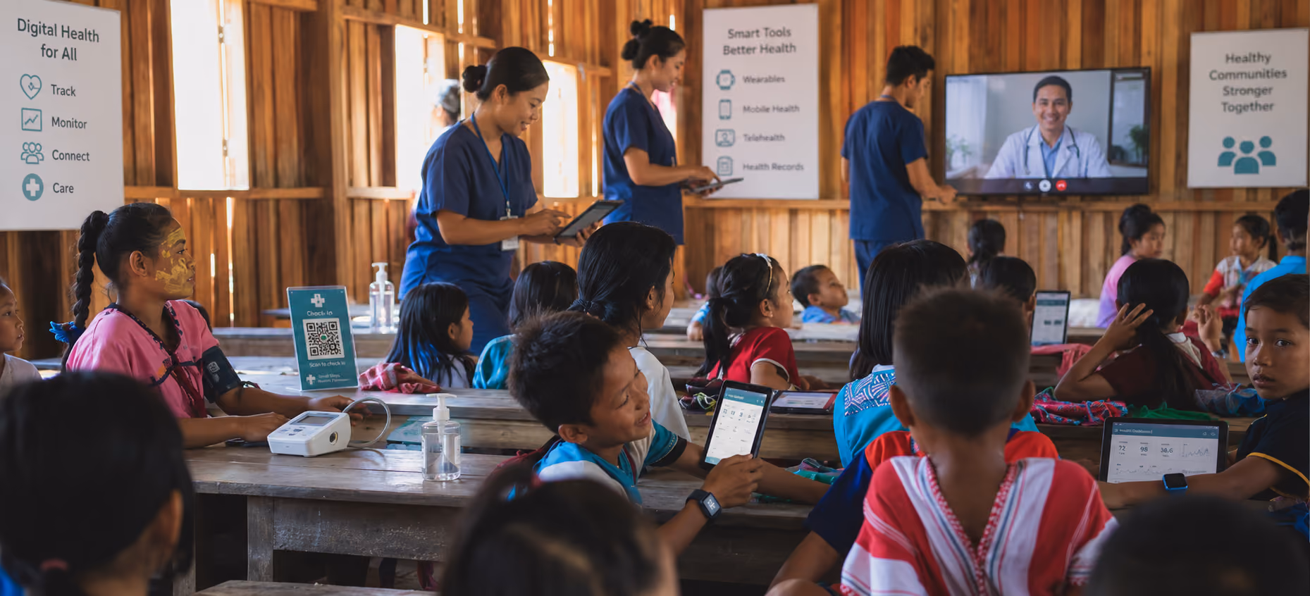 Healthcare workers use digital health tools and telemedicine to improve community care and patient access. 