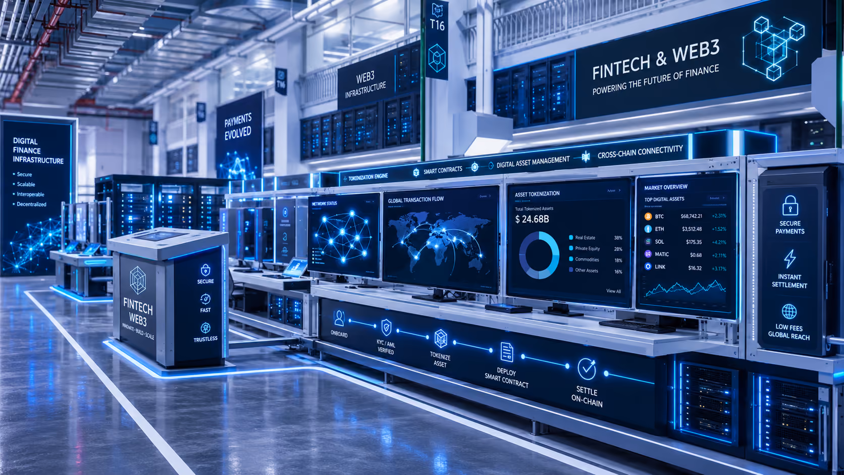 Advanced fintech and Web3 infrastructure with blockchain dashboards, tokenization, and secure digital asset
