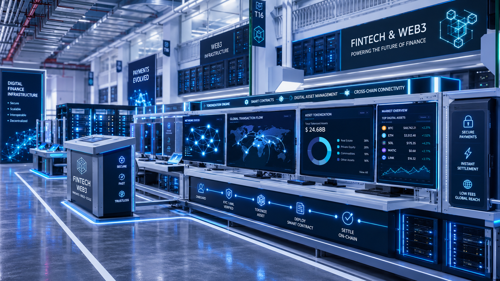 Advanced fintech and Web3 infrastructure with blockchain dashboards, tokenization, and secure digital asset