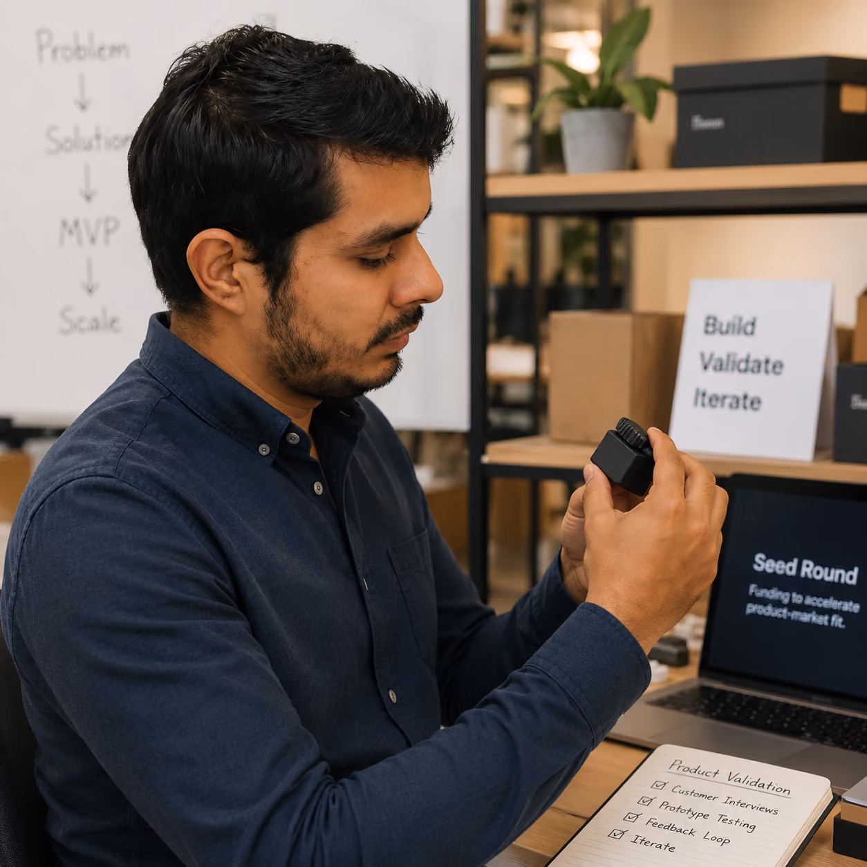 Founder validates hardware prototype while preparing early-stage venture capital fundraising strategy and grow