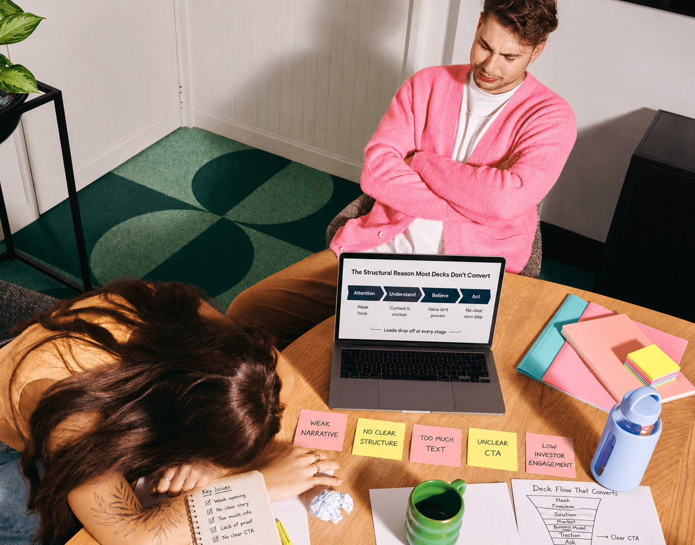 Startup pitch review highlighting common presentation mistakes that reduce investor engagement and conversions