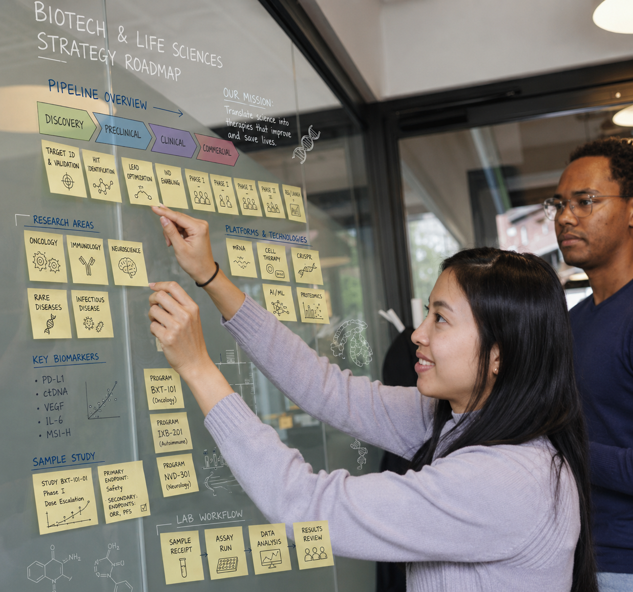 Biotech team maps drug discovery pipeline on glass board, aligning research, clinical strategy, and innovation