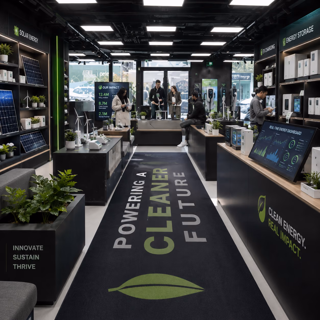 Clean energy showroom displays solar, EV charging, and storage solutions promoting sustainable technology adopt