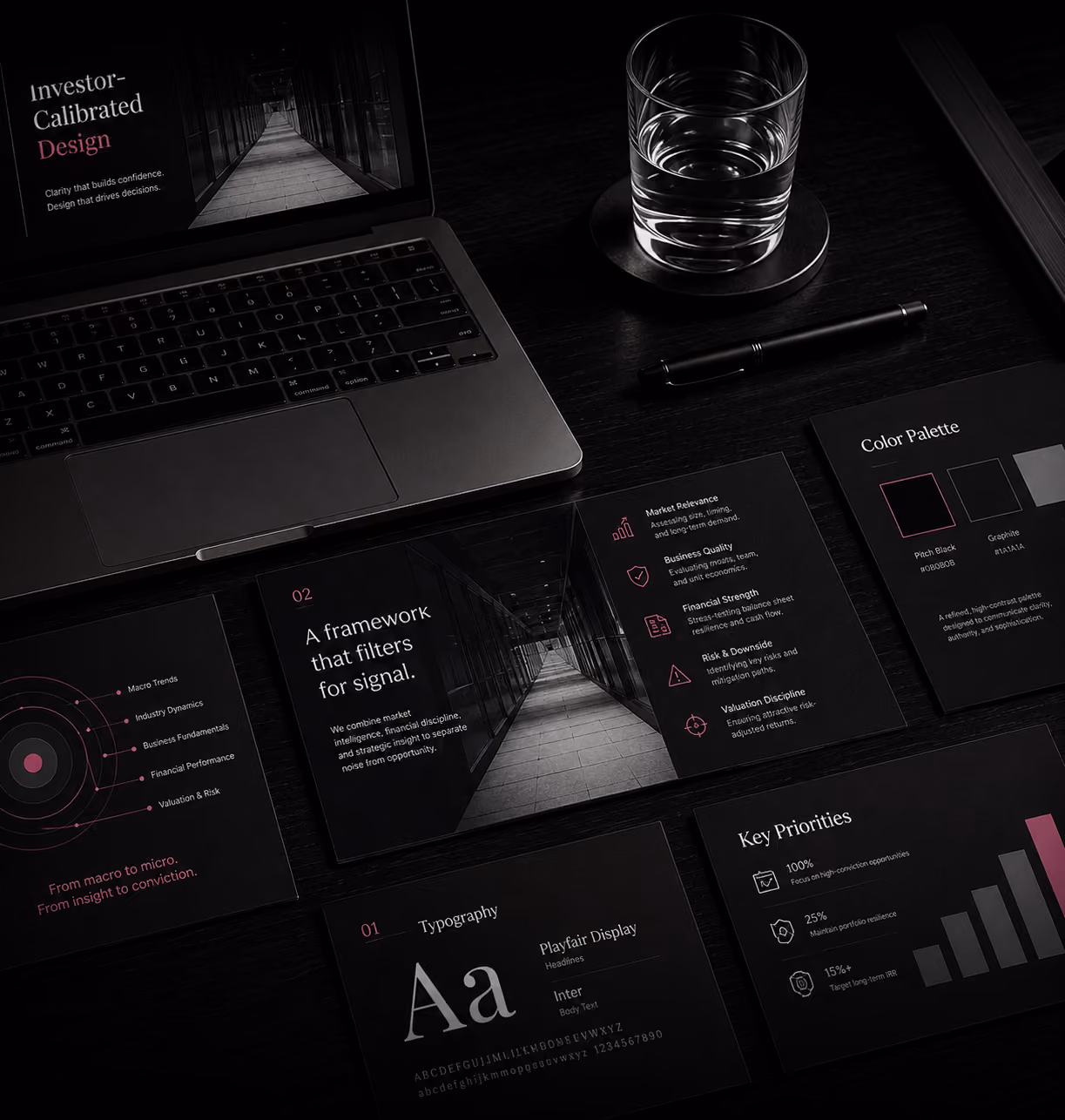 Investor-calibrated presentation design system showcasing typography, framework, and visual hierarchy for fund