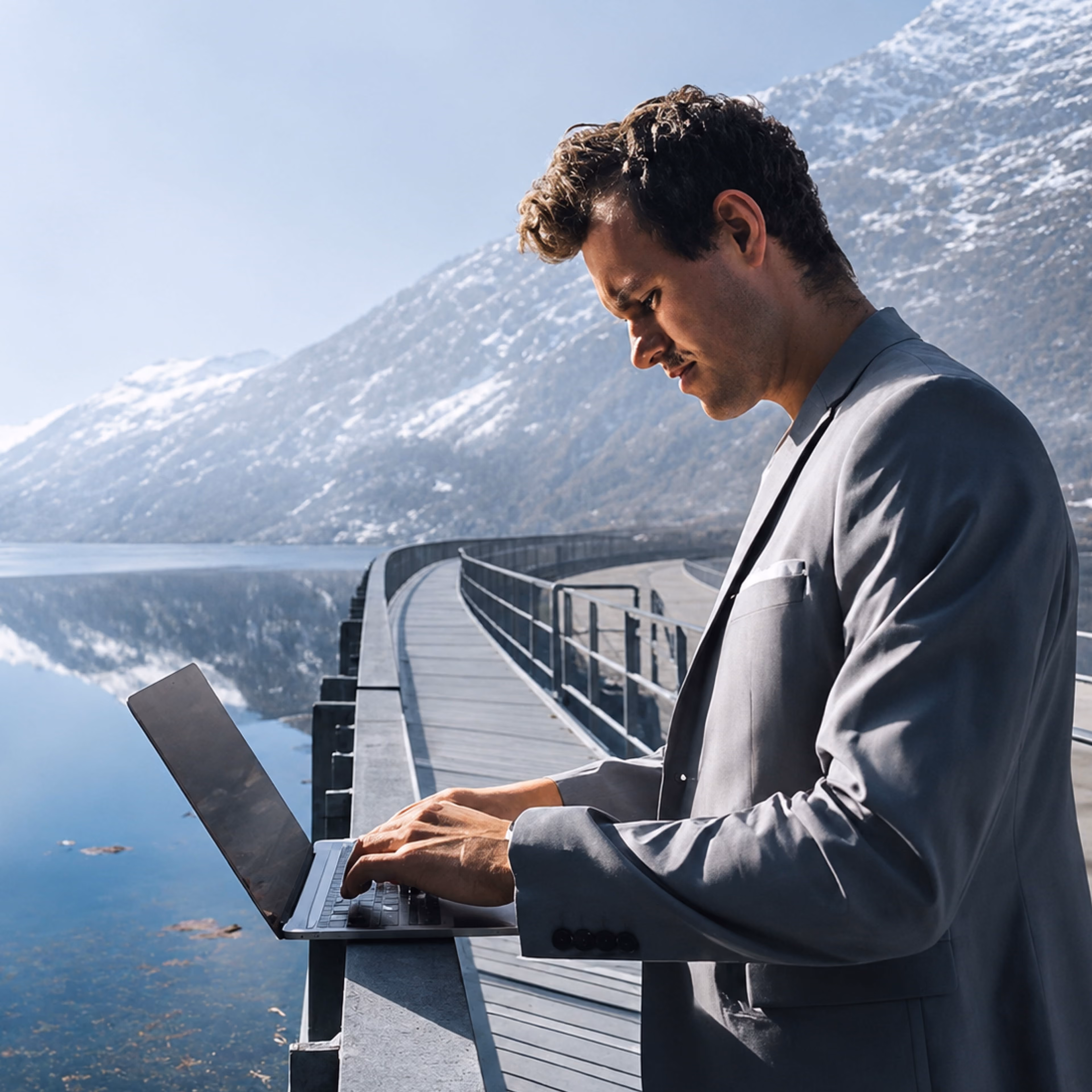 Executive working on a laptop on a mountain bridge, representing the discovery and objective setting phase