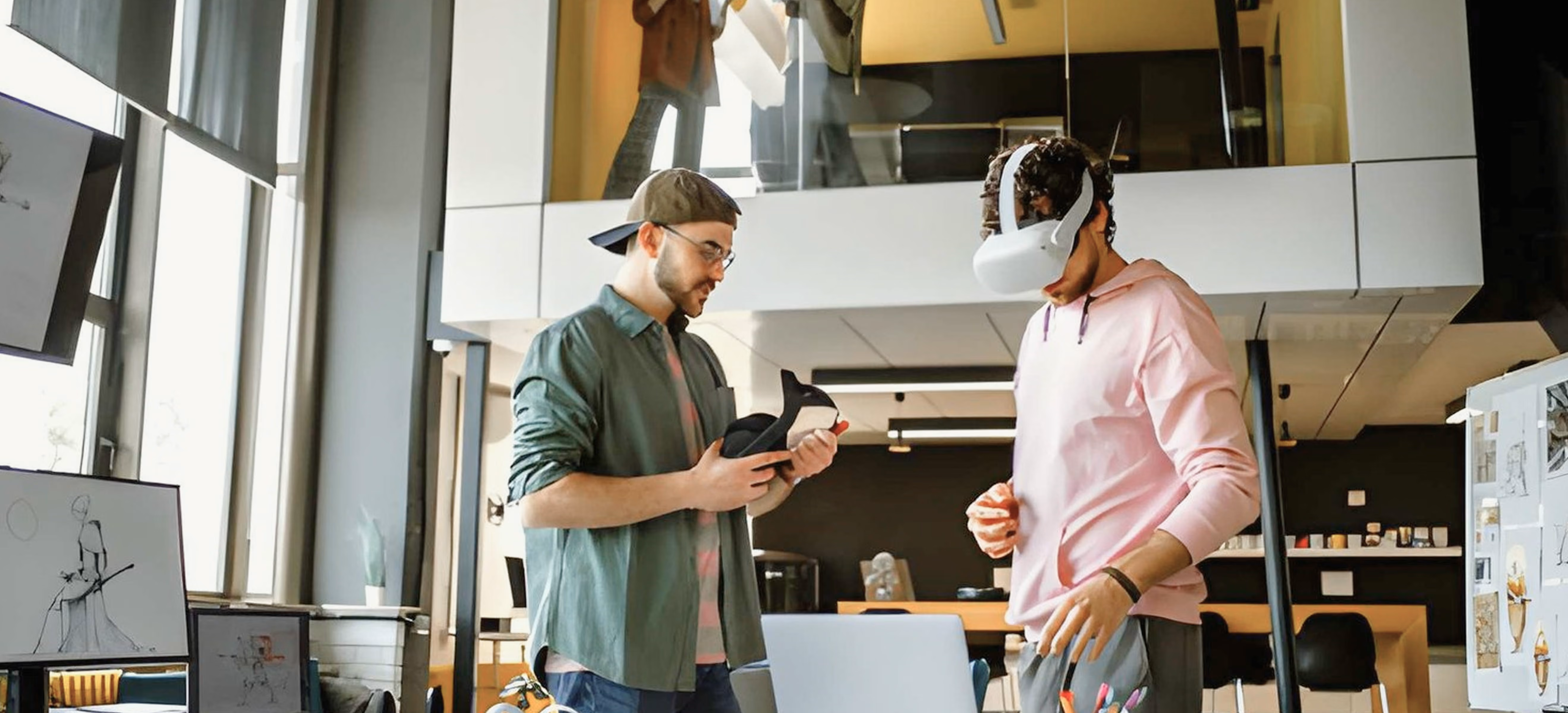 Two colleagues using VR headsets in a creative studio, representing the entertainment industry