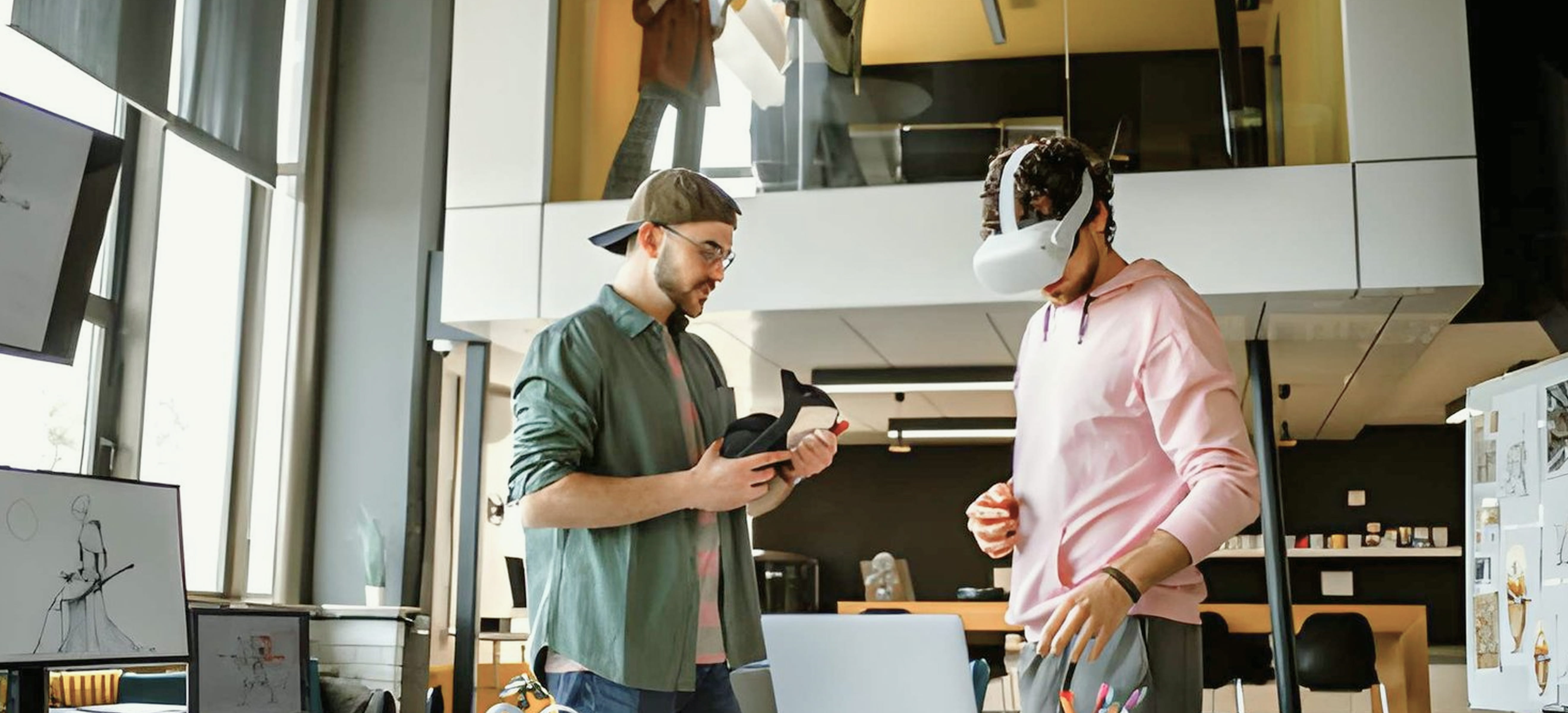 Two colleagues using VR headsets in a creative studio, representing the entertainment industry