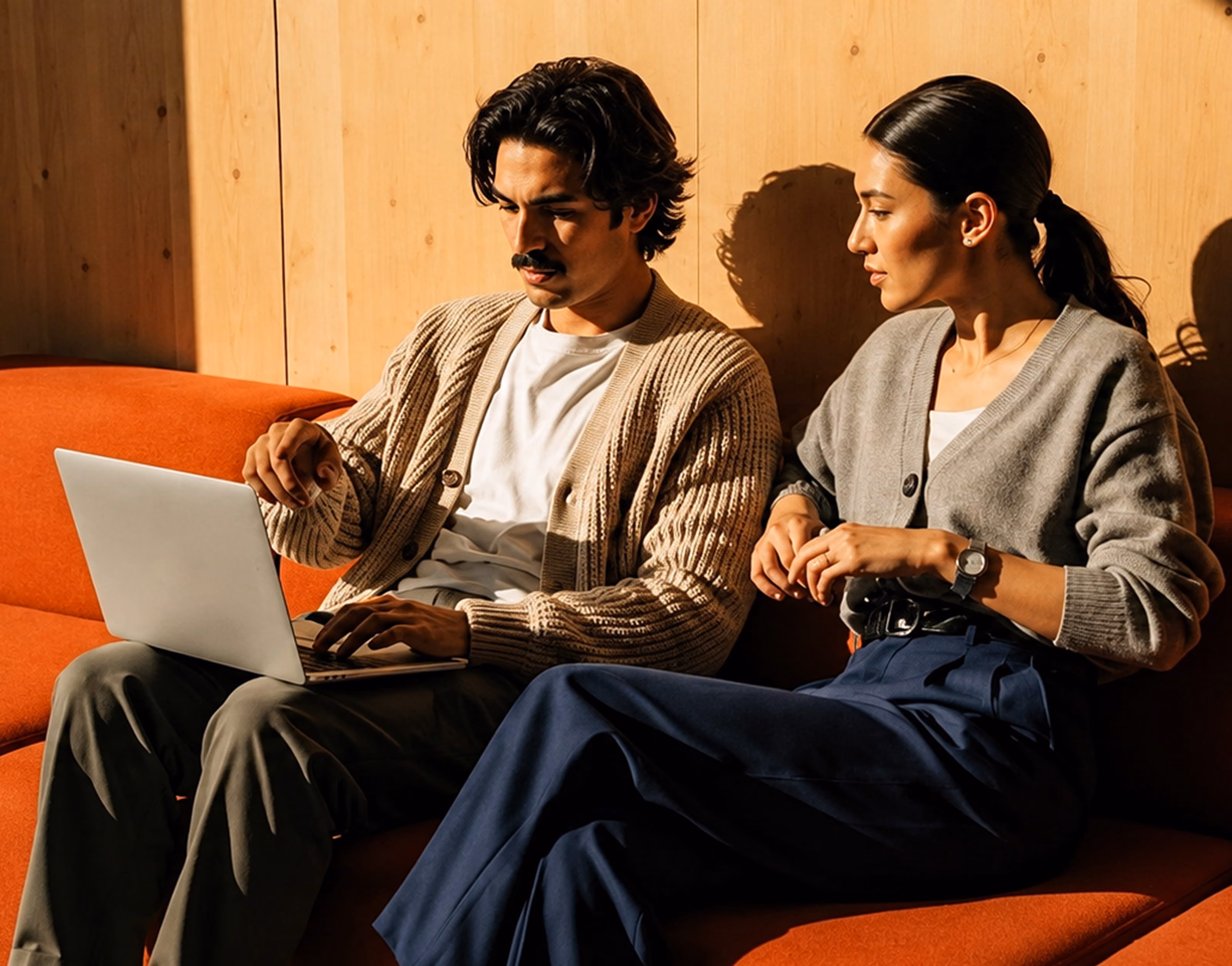 Two colleagues discussing work on a laptop while reviewing communication standards and project requirements.
