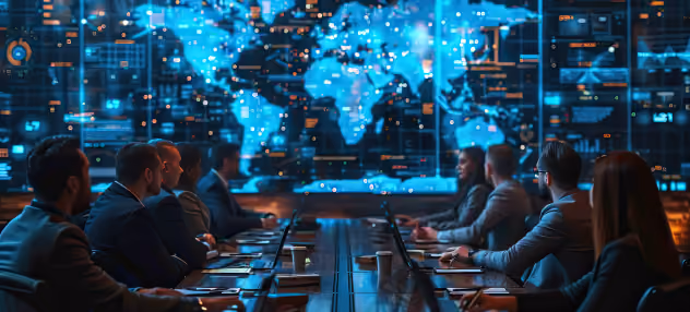 Global technology operations meeting with executives monitoring worldwide digital infrastructure and cybersecu