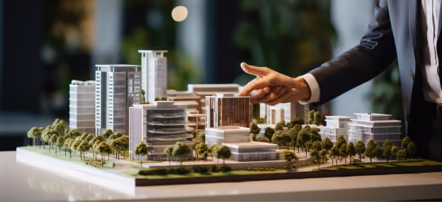Business professional presenting innovative real estate and intellectual property commercialization developmen