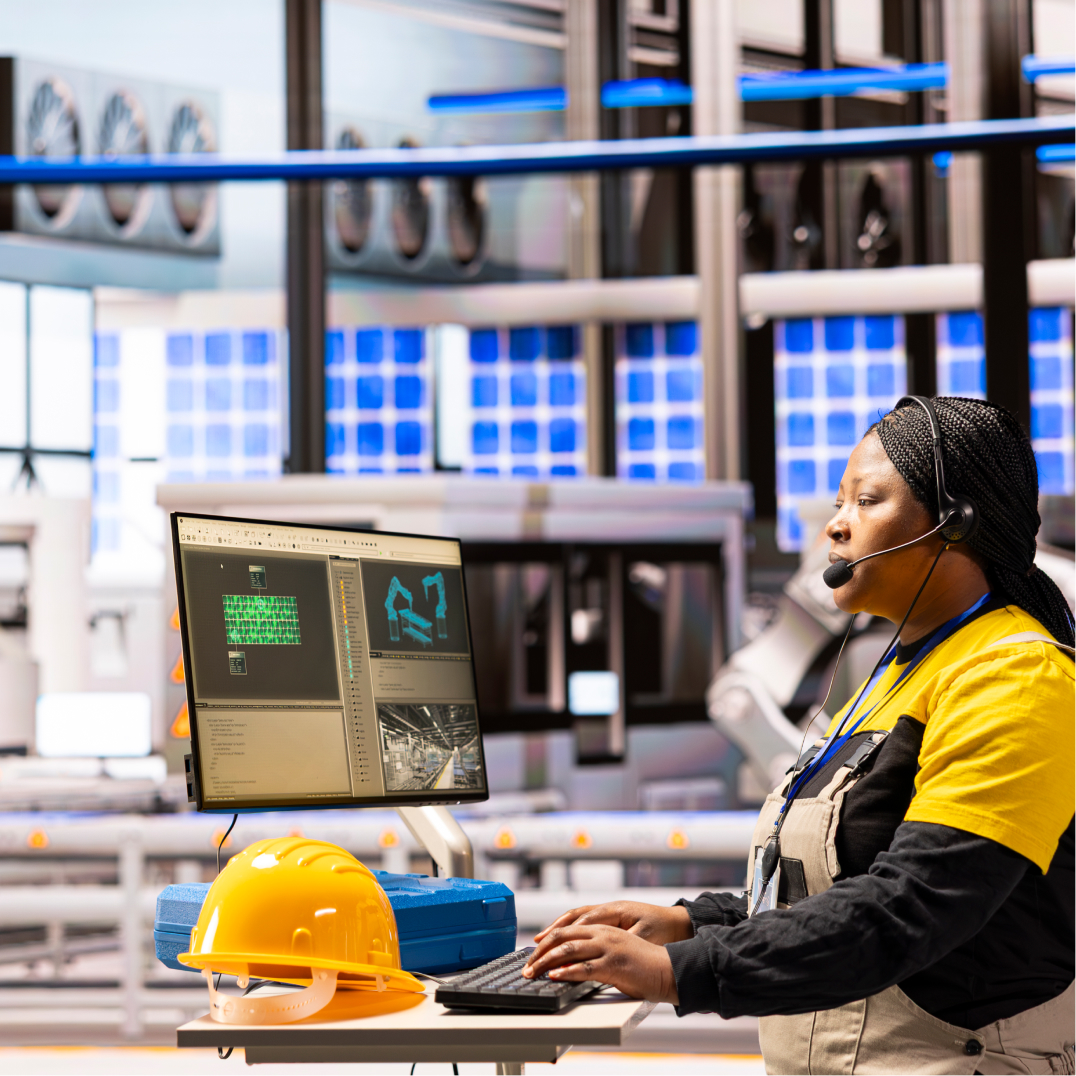 Industrial operator monitors automated production systems from a workstation inside a modern factory facility.