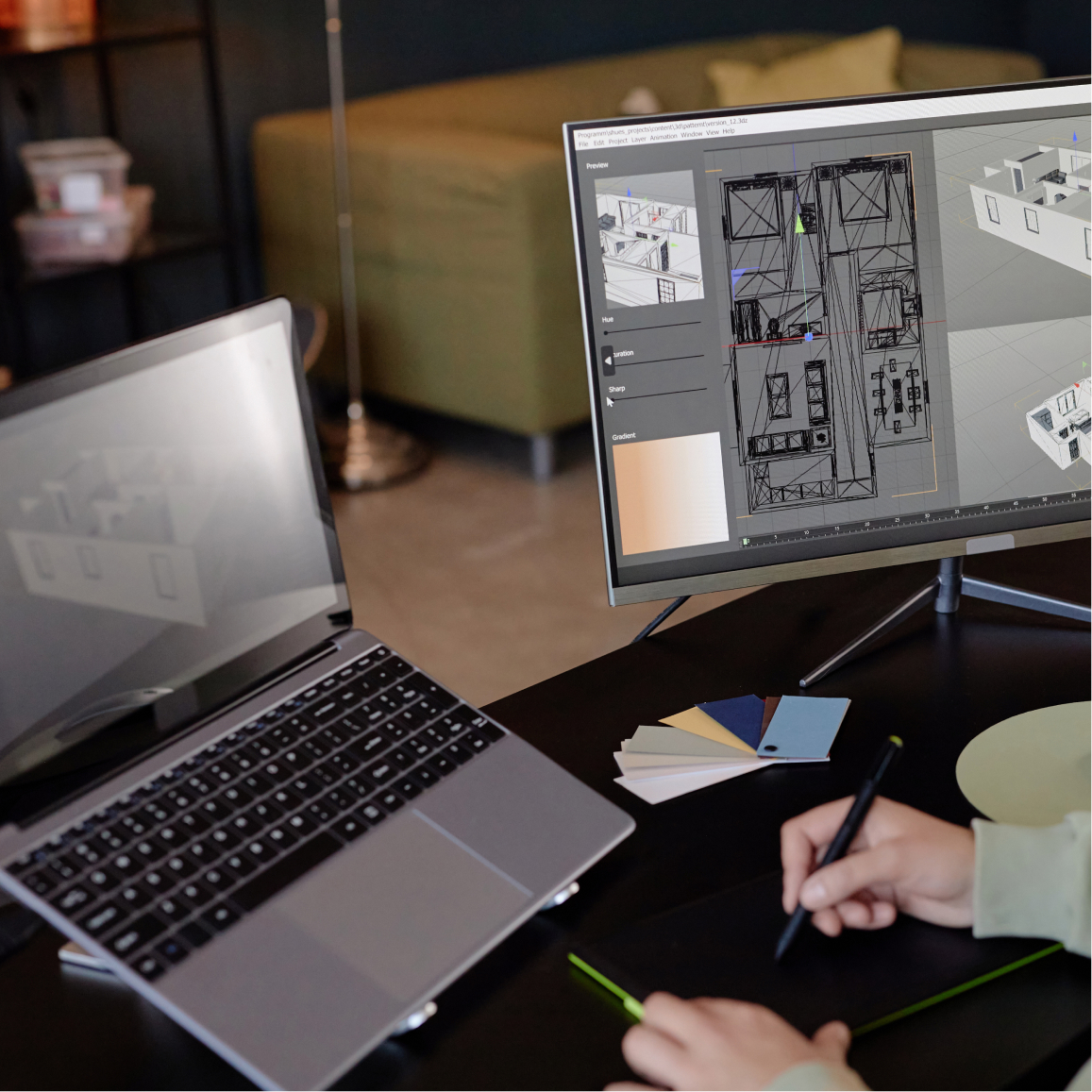 Designer building slide layouts, representing the professional design execution step in presentation work now.