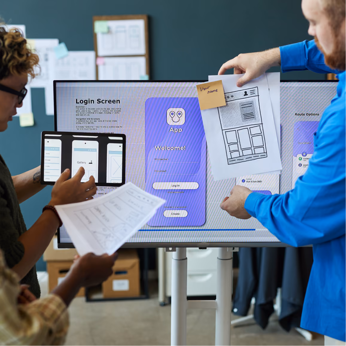 Design team reviews mobile app interface mockups and wireframes during collaborative product design session.