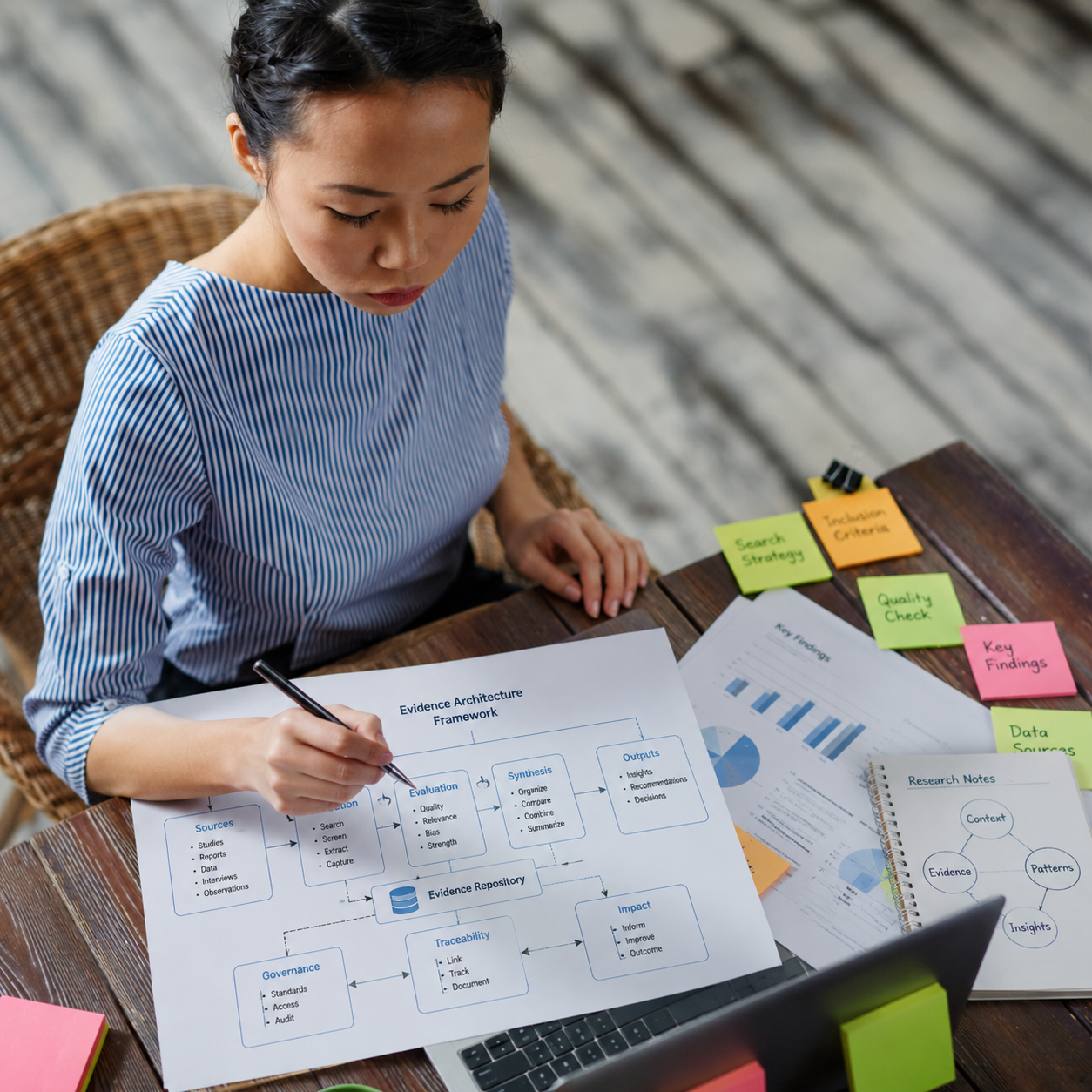 Research professional organizing evidence framework, reports, and data for a structured business presentation process.