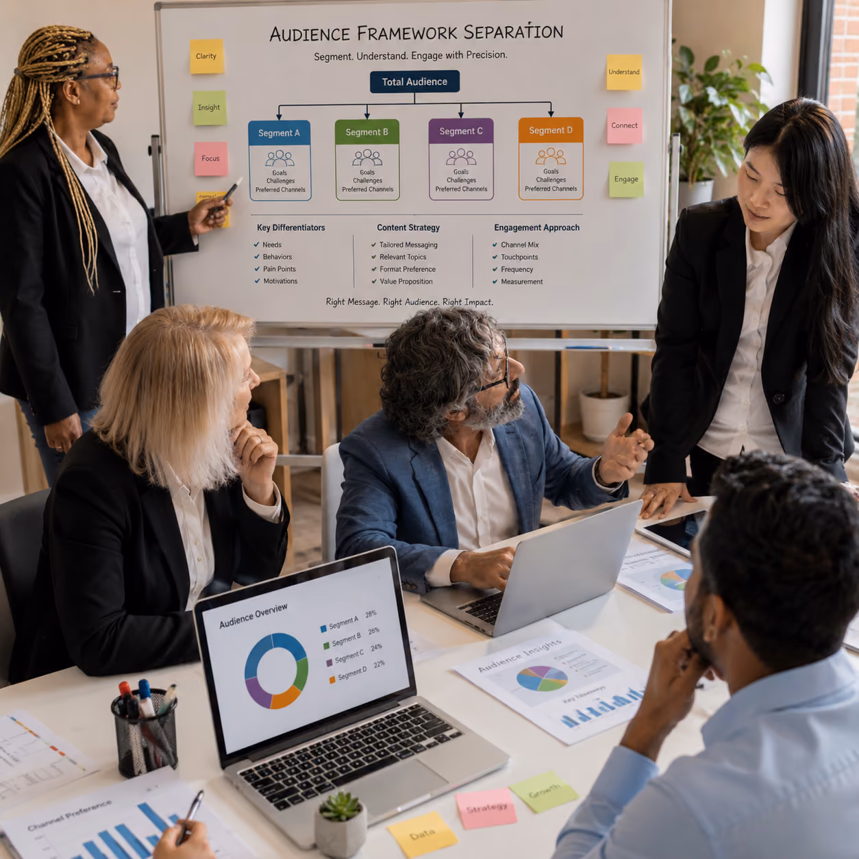 Team presenting audience segmentation framework during a San Diego presentation design strategy workshop for clients.