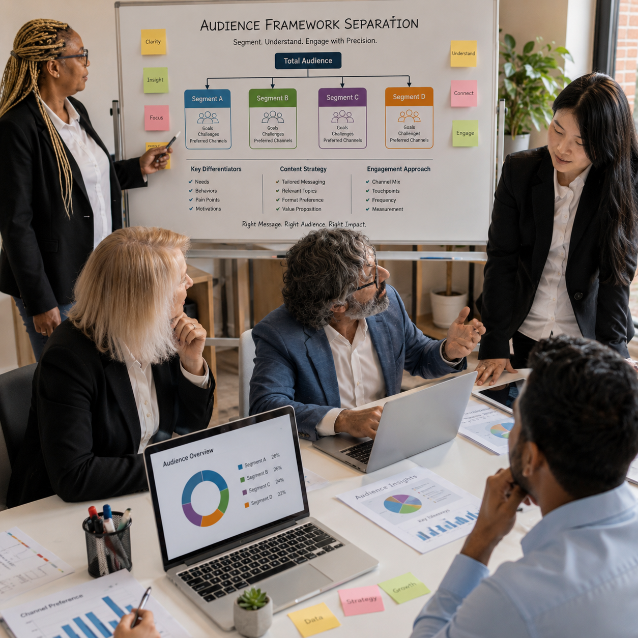 Team presenting audience segmentation framework during a San Diego presentation design strategy workshop for clients.