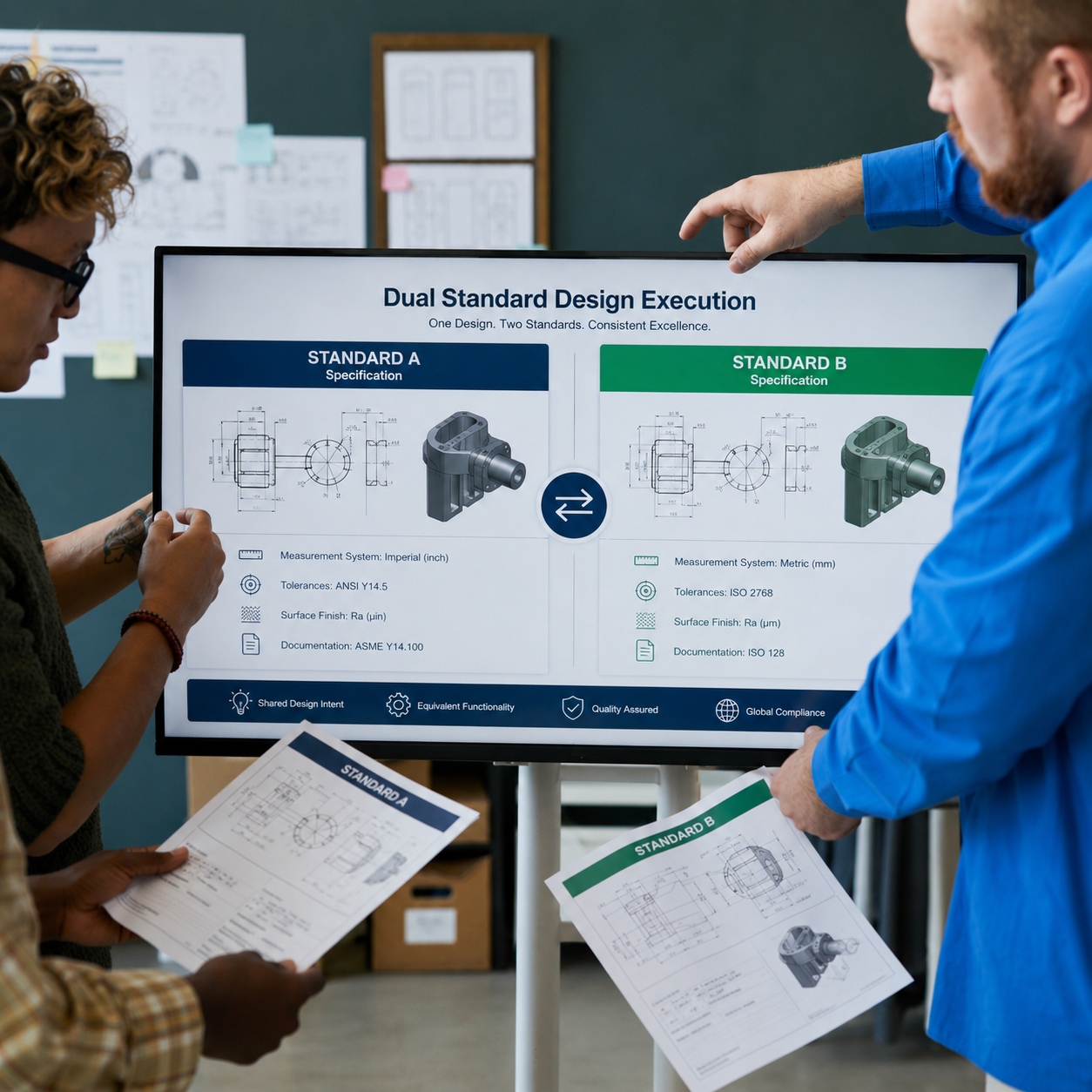 Engineers comparing dual manufacturing standards using technical presentation visuals for global compliance.