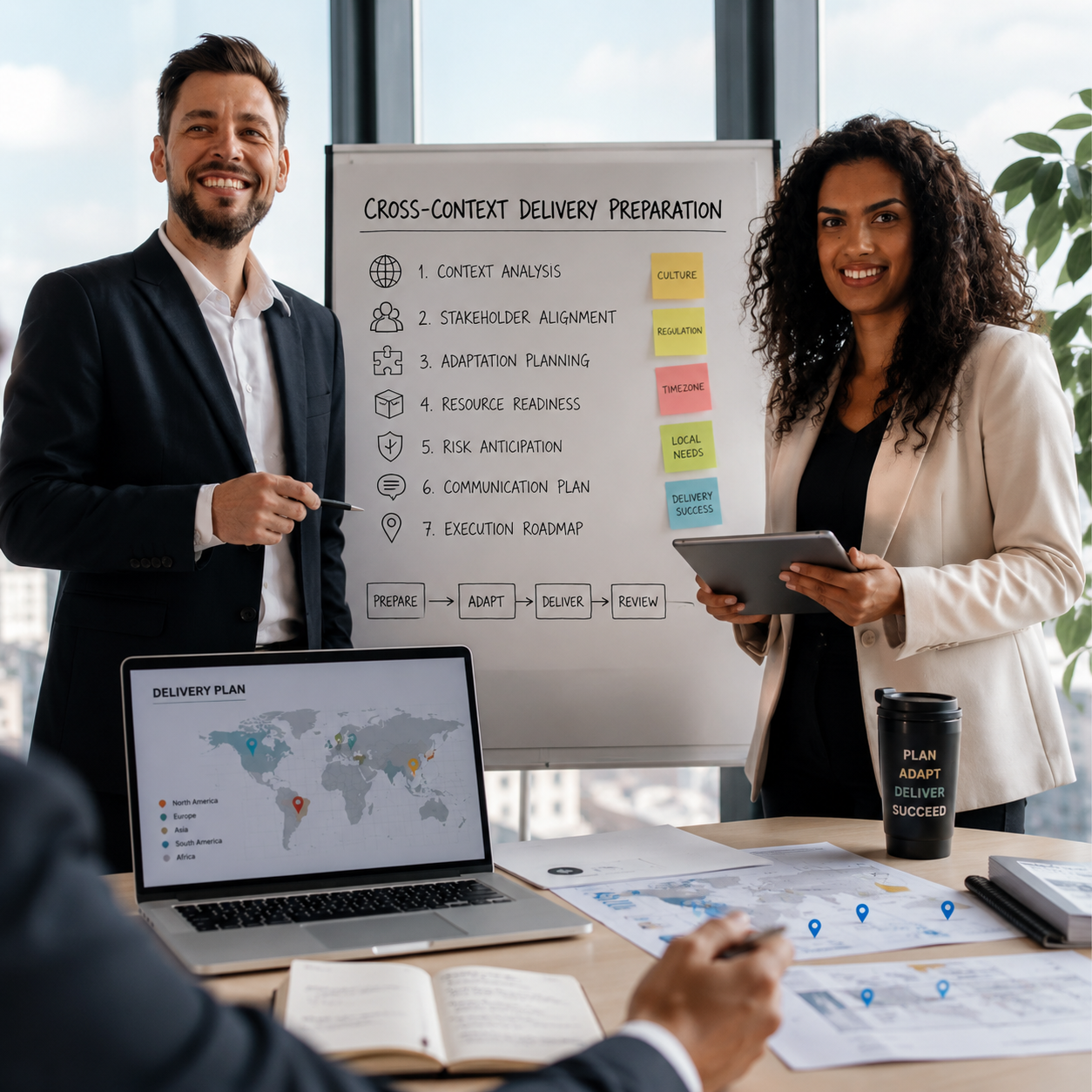 Business consultants planning global project delivery with a custom San Diego presentation design strategy session.