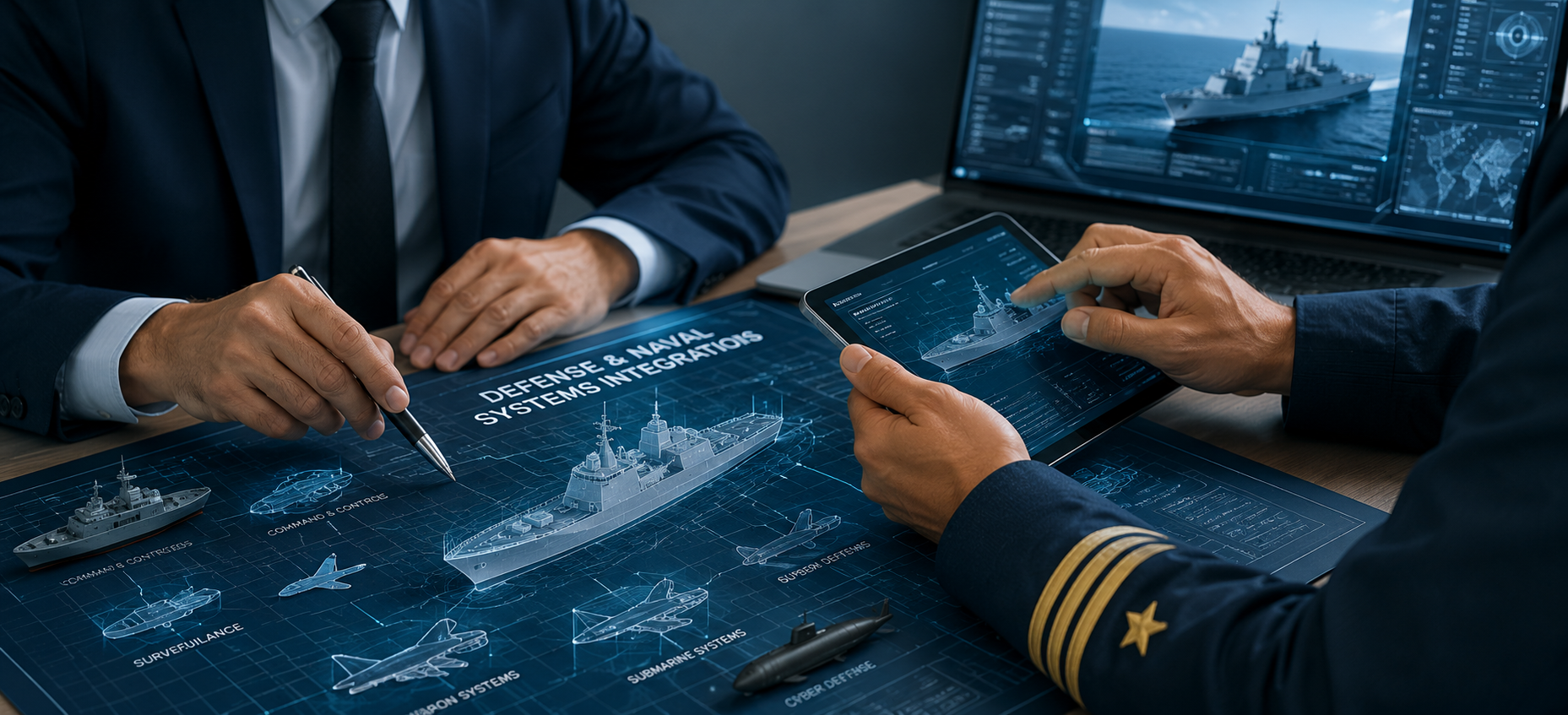 Defense experts reviewing naval systems integration plans in a detailed technical presentation for stakeholders.