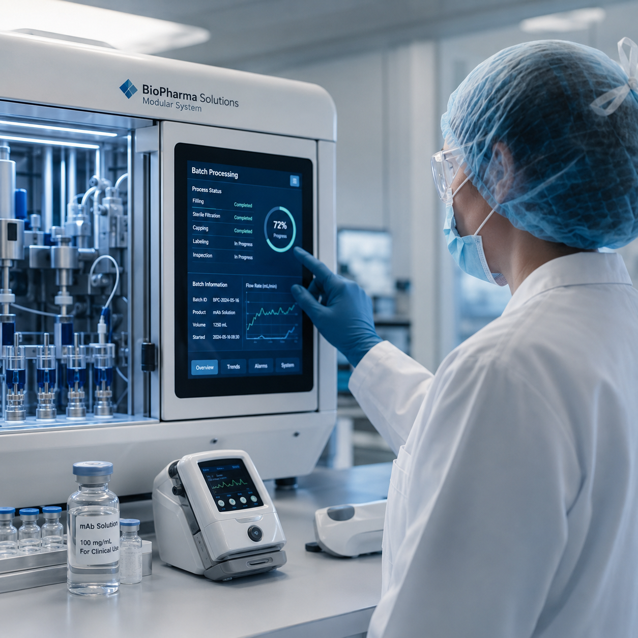 Biopharma specialist monitoring medical device production for a healthcare presentation designed in San Diego.