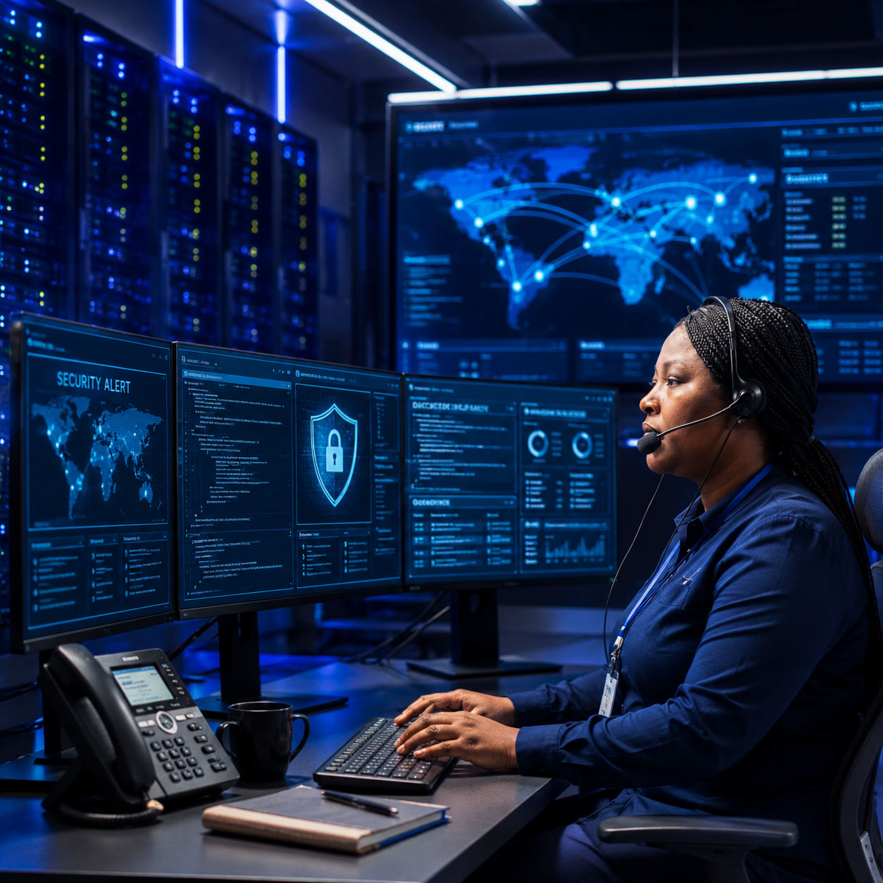 Cybersecurity analyst monitoring global threats in a technology operations center presentation for enterprise clients.
