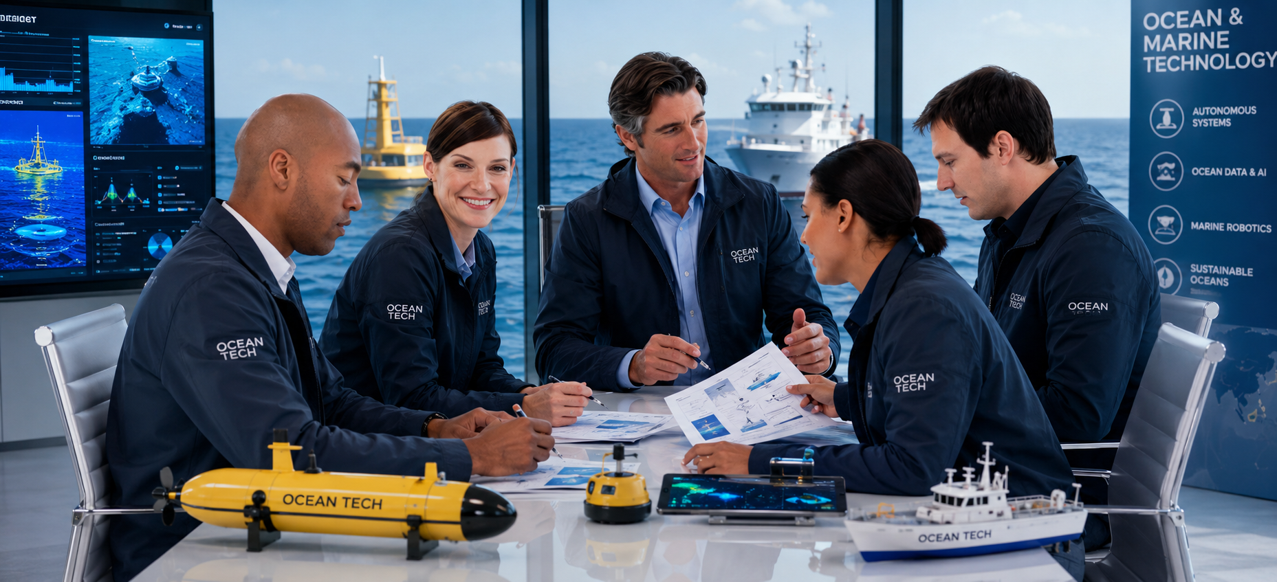 Ocean technology team discussing marine innovation and research using custom presentation design materials.