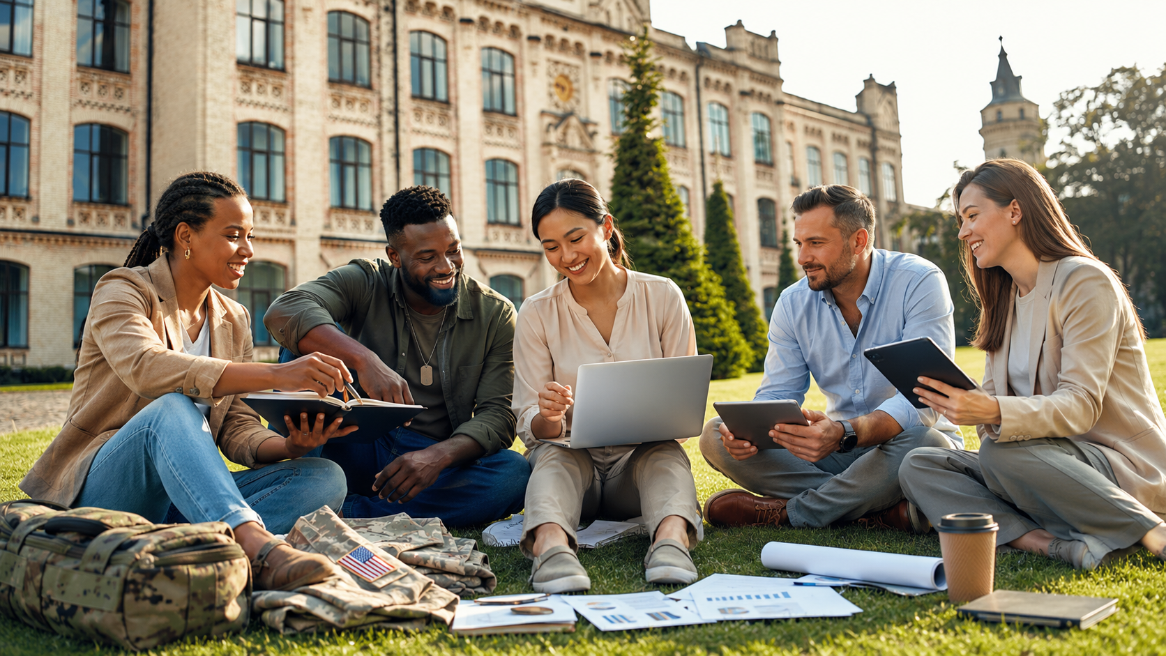 Veterans and professionals collaborating on entrepreneurship planning in a modern presentation workshop outdoors.