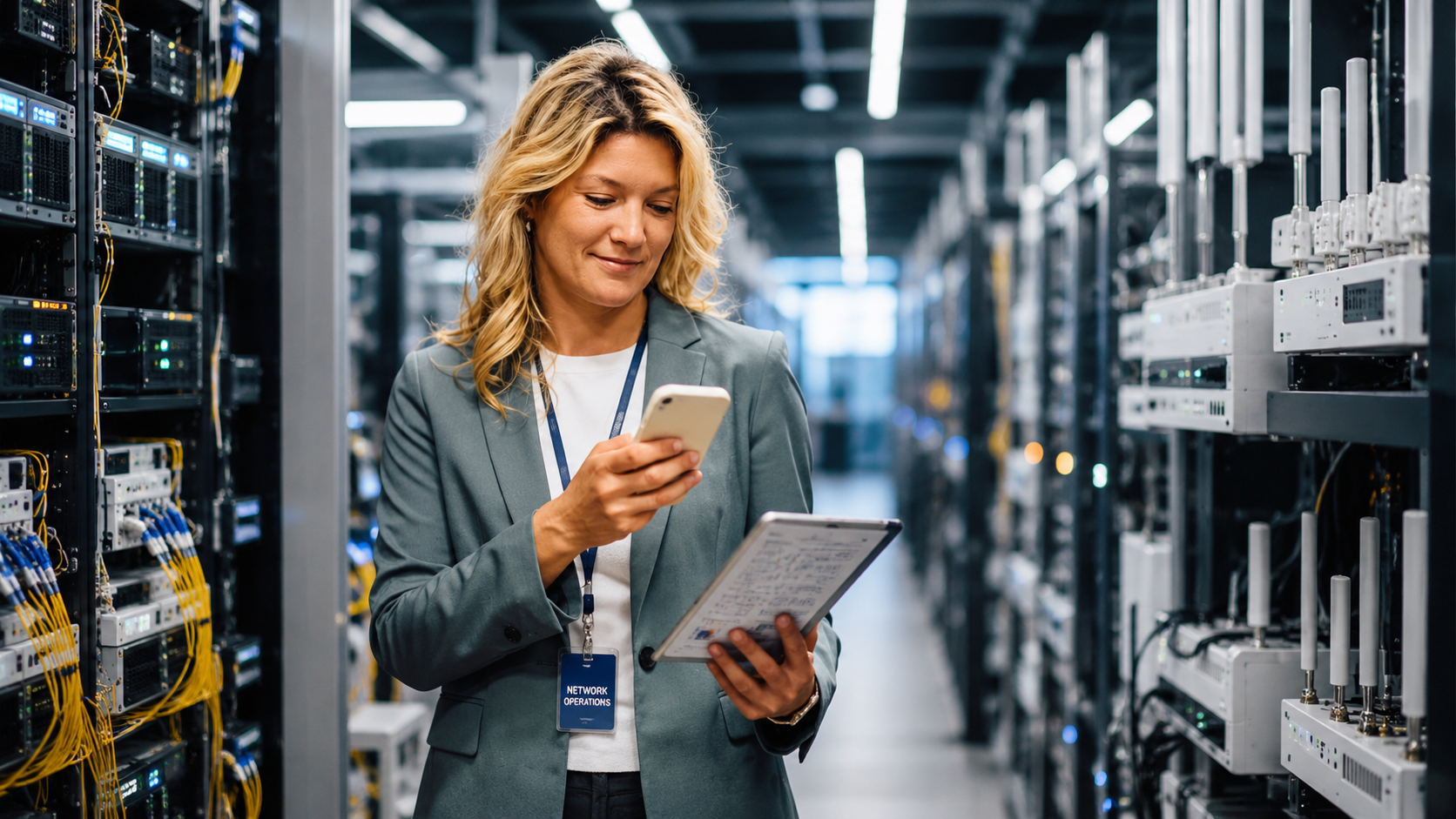 Network operations specialist managing wireless infrastructure with tablet and mobile monitoring systems.