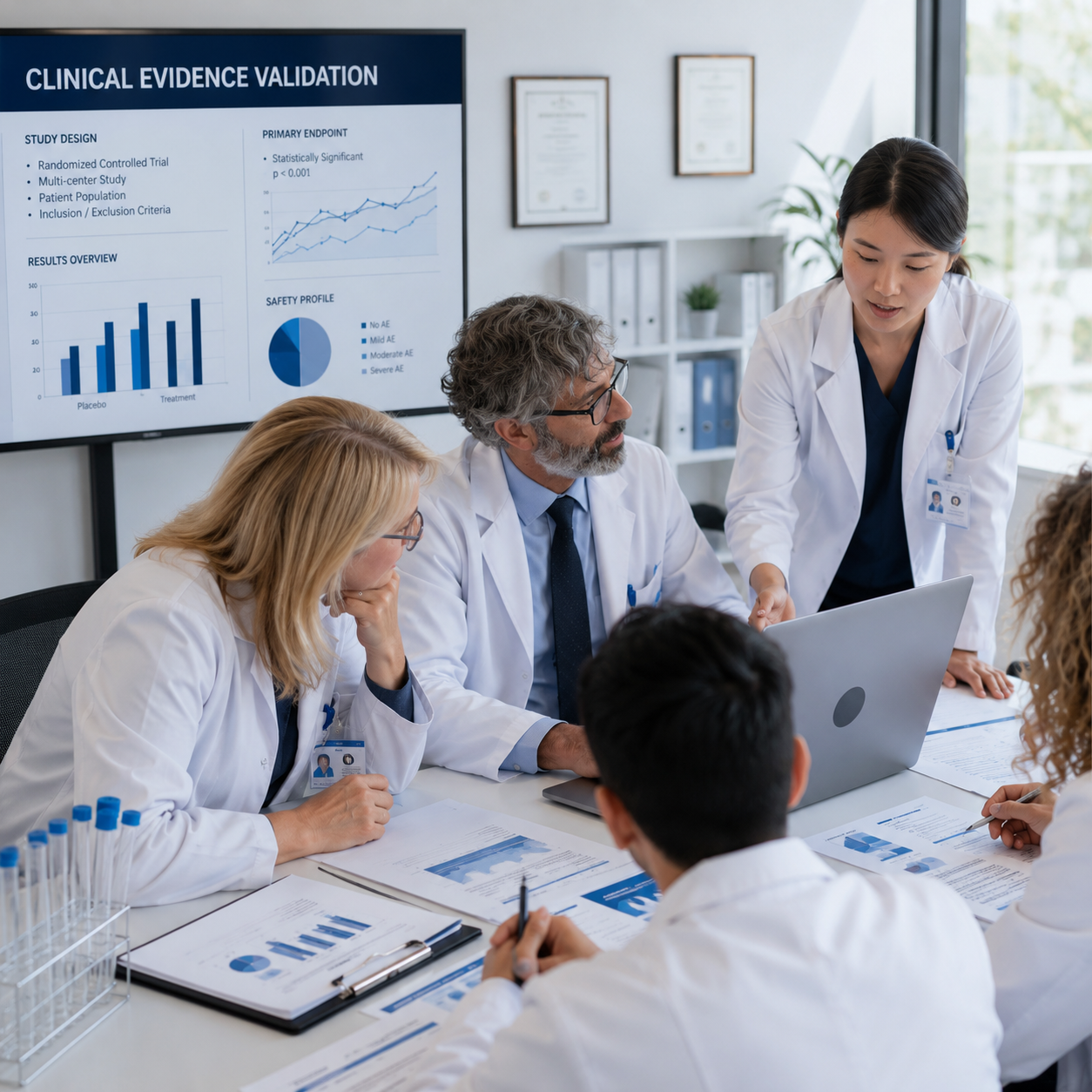 Clinical evidence validation meeting reviewing trial data, study outcomes, and HealthTech research findings together
