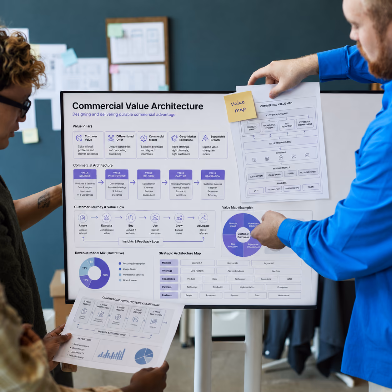 Commercial value architecture presentation explaining HealthTech strategy, value creation, and market positioning