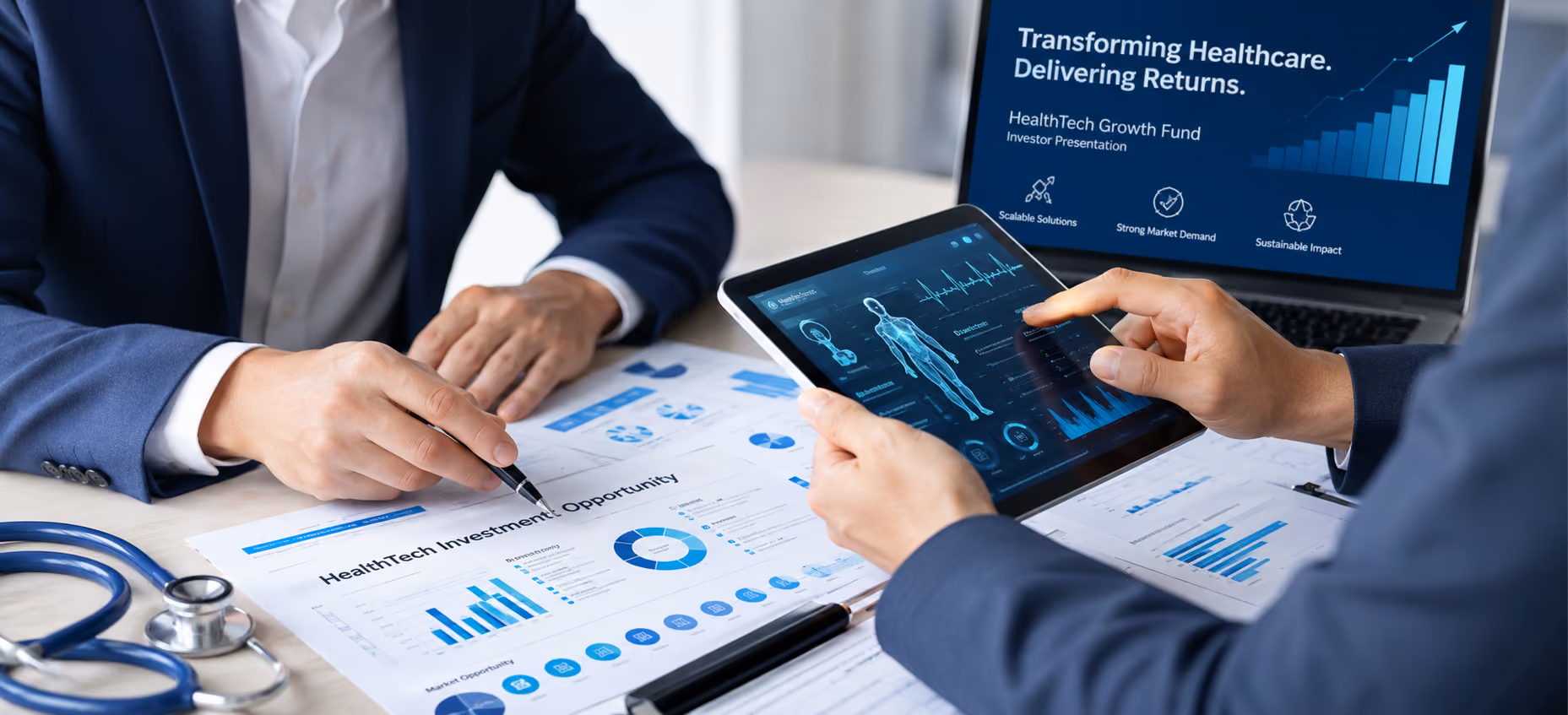 HealthTech investor presentation featuring market opportunity, clinical innovation, and fundraising growth strategy