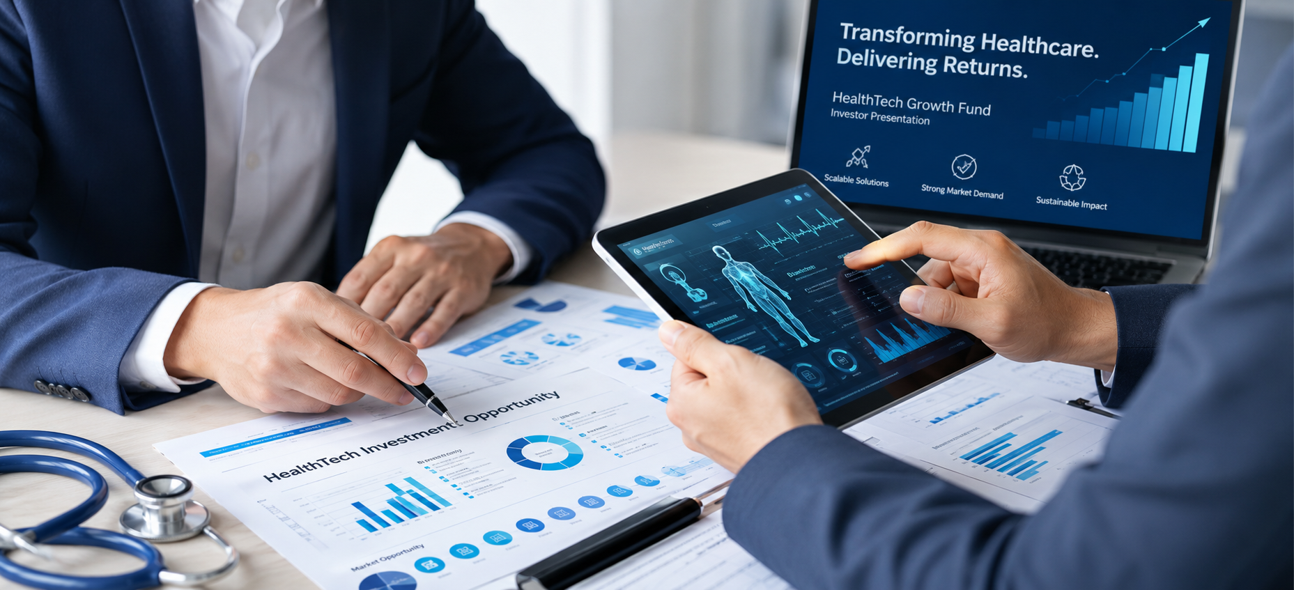 HealthTech investor presentation featuring market opportunity, clinical innovation, and fundraising growth strategy