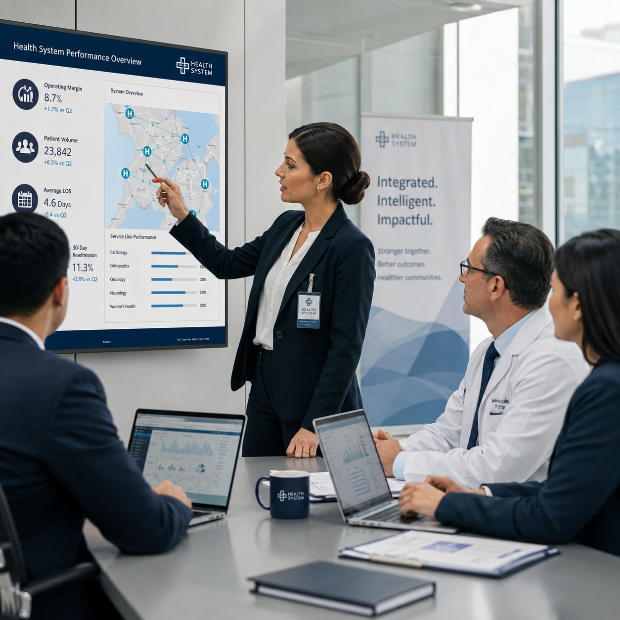 Health system enterprise sales presentation highlighting provider performance, hospital metrics, and growth strategy