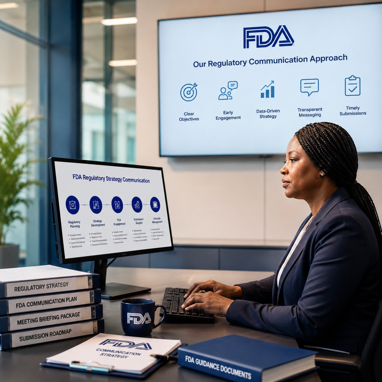 FDA regulatory strategy presentation outlining compliance planning, submissions, and regulatory communication process