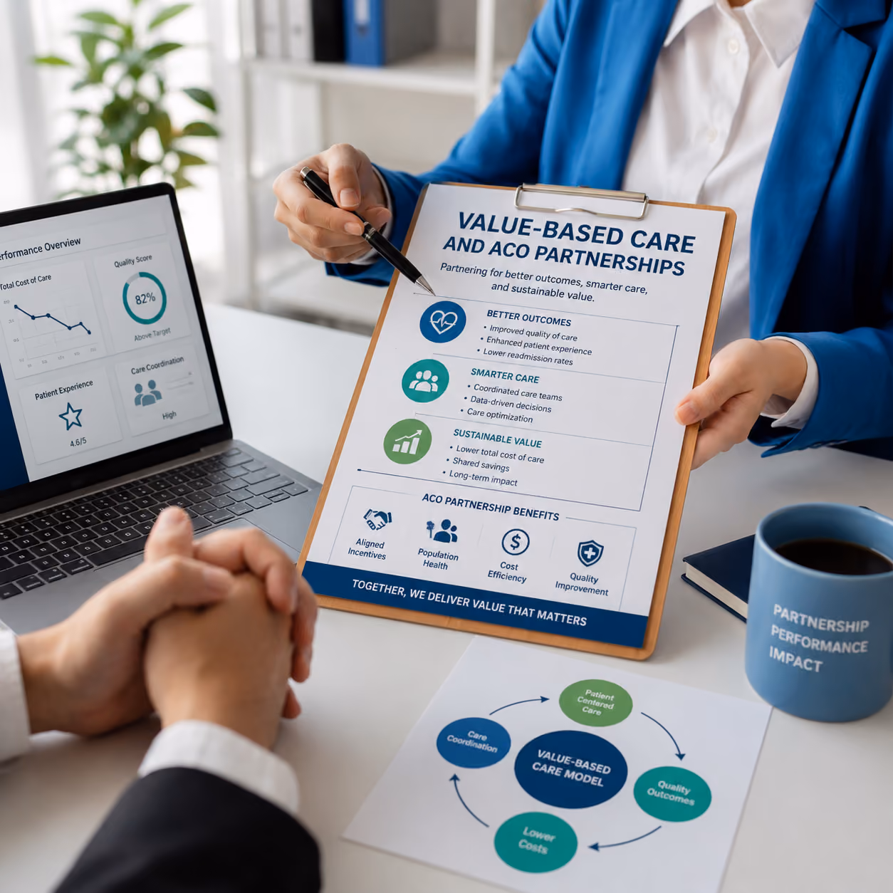 Value-based care presentation explaining ACO partnerships, patient outcomes, cost savings, and coordinated HealthTech care