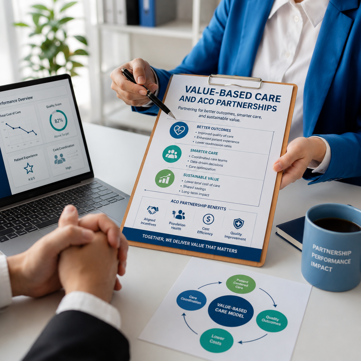 Value-based care presentation explaining ACO partnerships, patient outcomes, cost savings, and coordinated HealthTech care