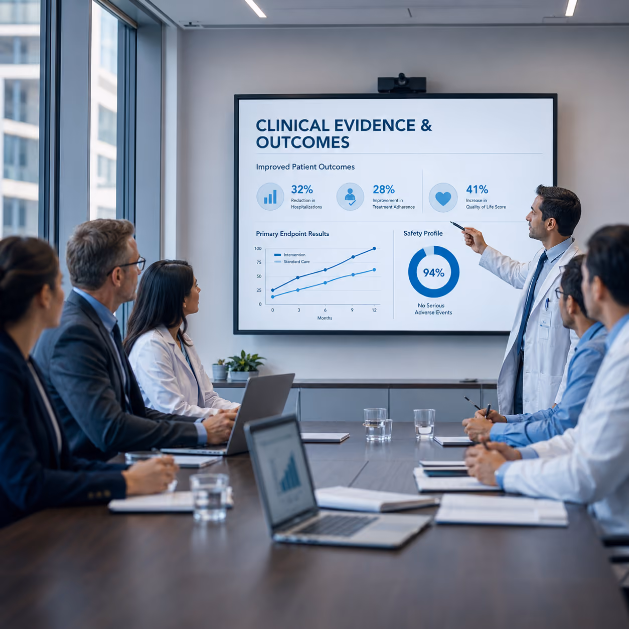 Clinical evidence presentation showing outcomes data, patient results, and HealthTech insights for stakeholders