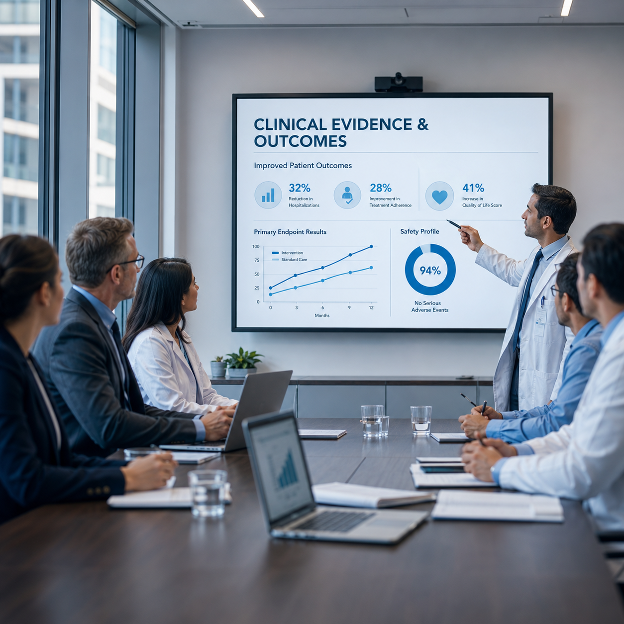 Clinical evidence presentation showing outcomes data, patient results, and HealthTech insights for stakeholders