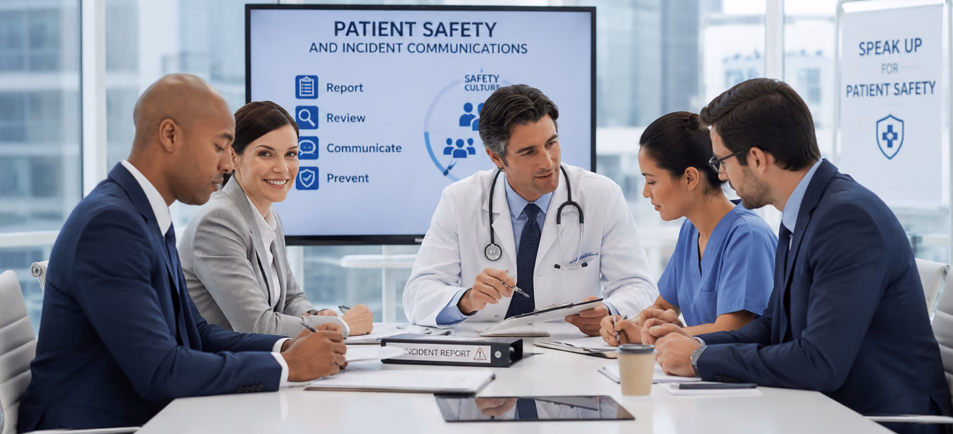 Patient safety communication presentation focused on incident reporting, prevention, and quality improvement planning