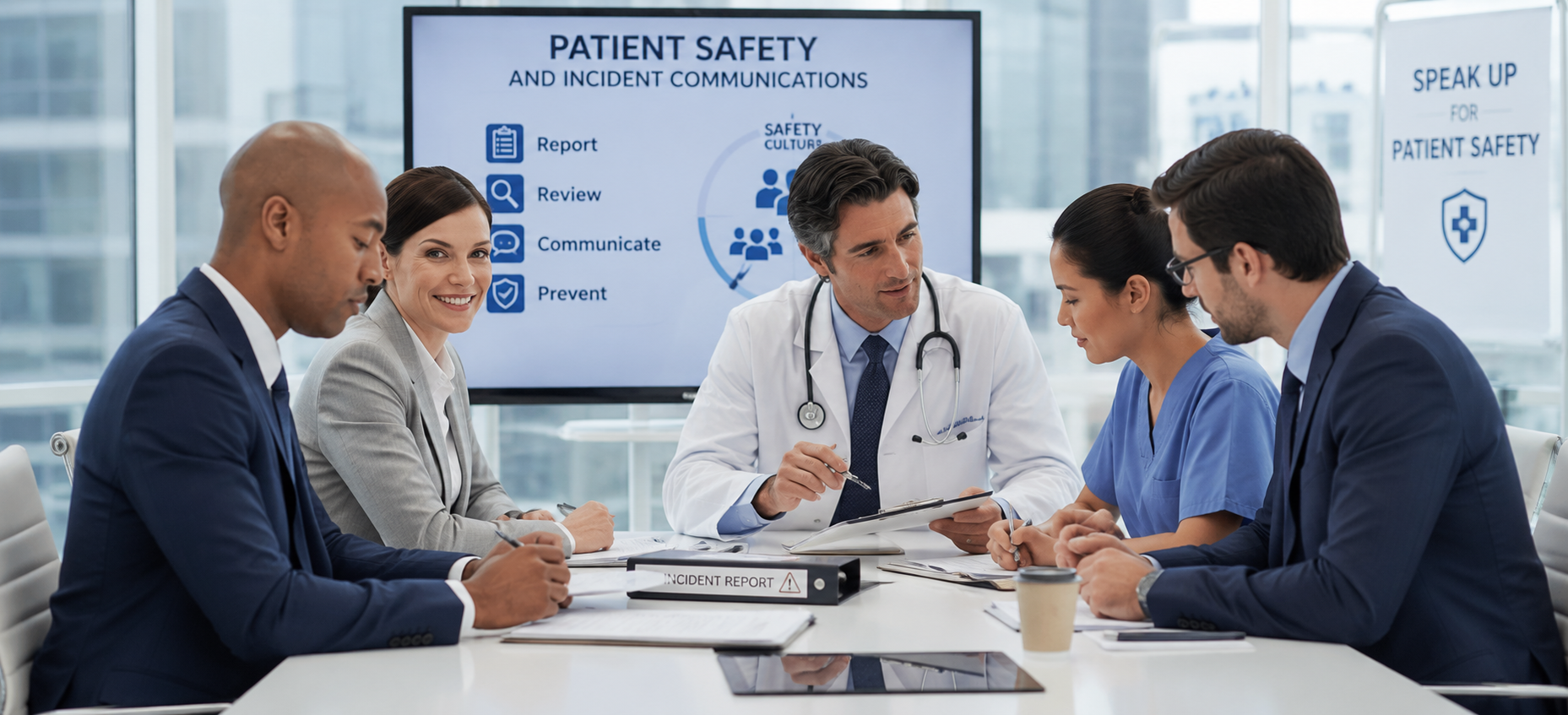 Patient safety communication presentation focused on incident reporting, prevention, and quality improvement planning