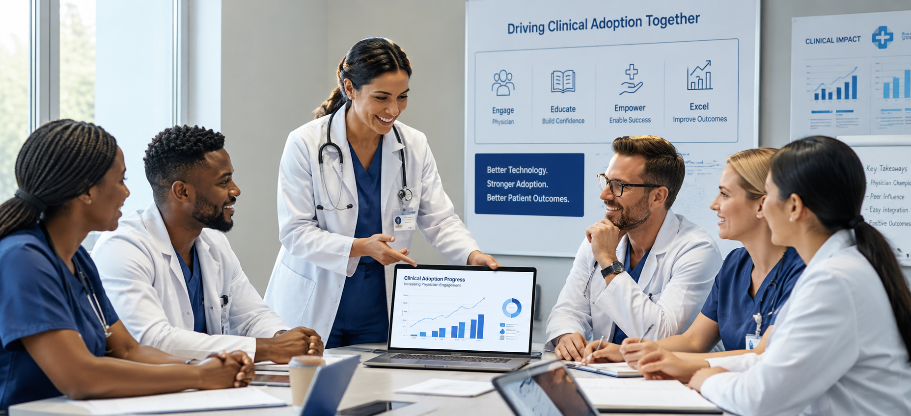 Clinical adoption presentation demonstrating physician engagement, HealthTech education, and adoption success metrics