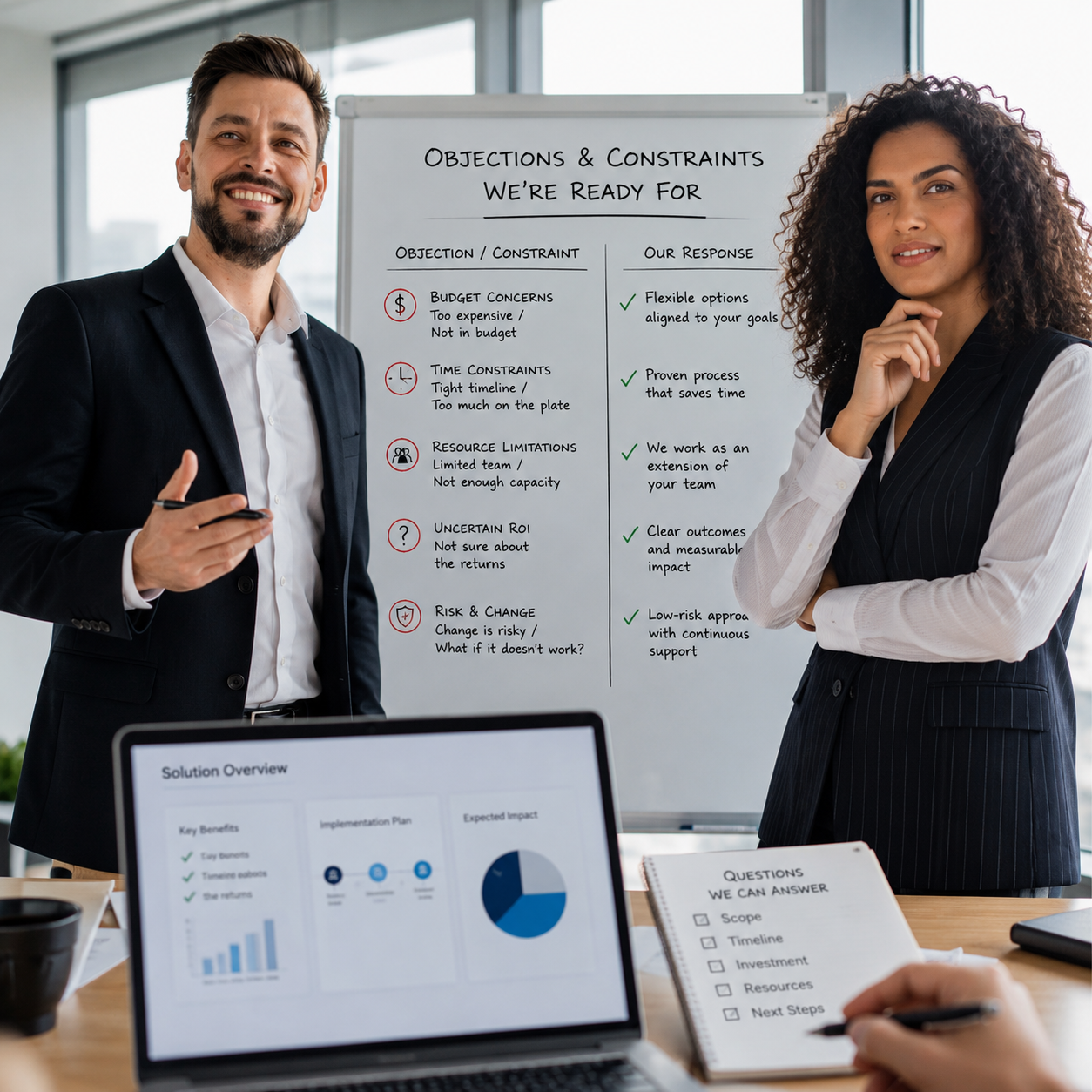 Business consultants presenting solutions to client objections and project constraints using visual presentation boards.