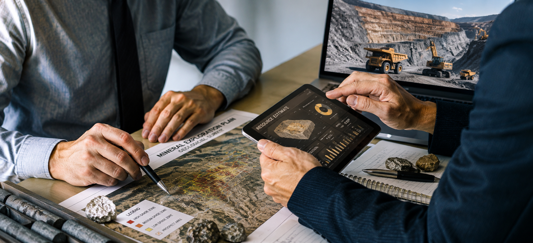 Mining experts analyzing geological maps, resource estimates, and exploration data during technical presentation review.