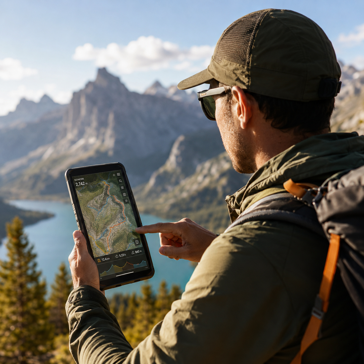 Outdoor adventurer using digital navigation map while exploring mountain landscape with active lifestyle technology.