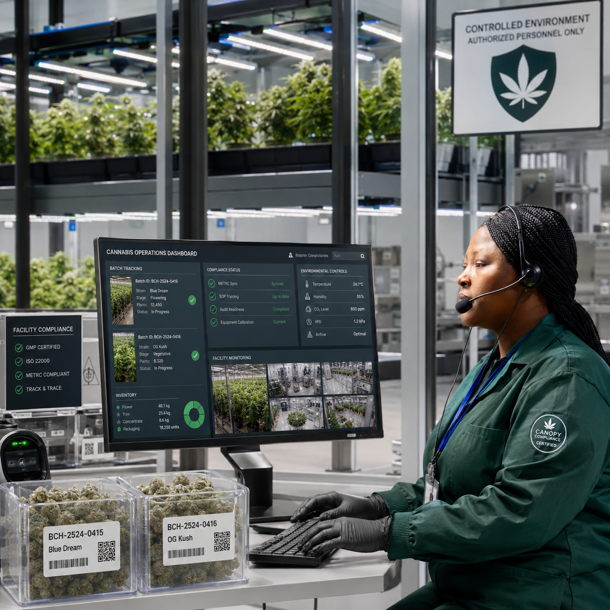 Compliance specialist monitoring cannabis facility operations through digital dashboard and production management system.